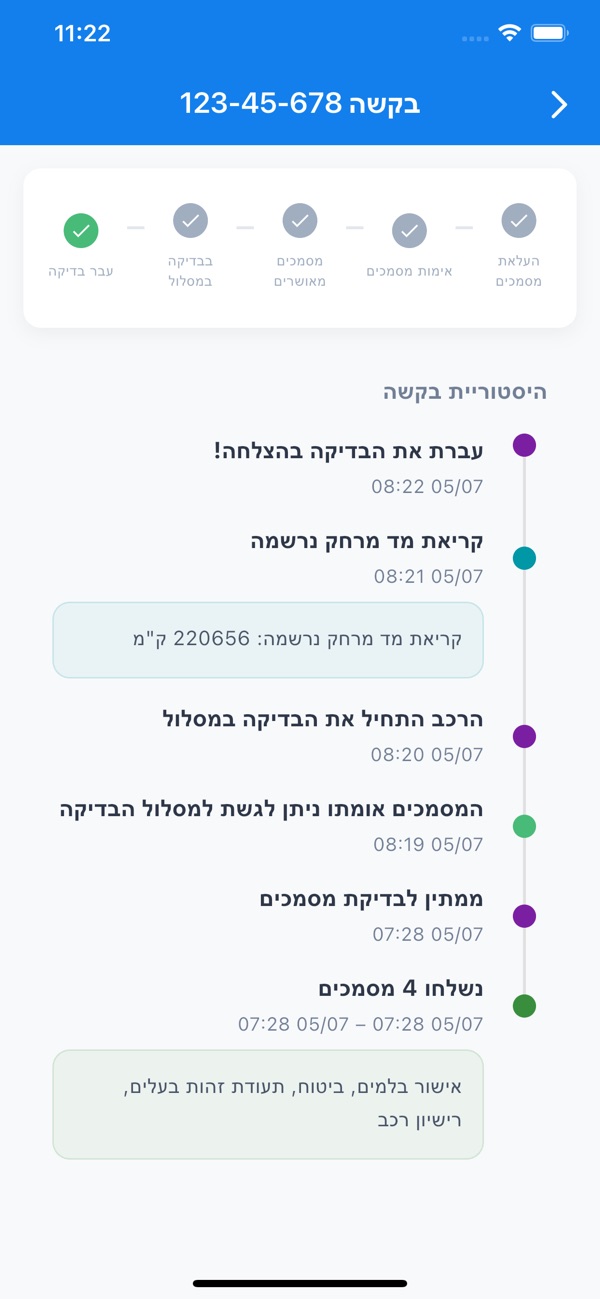 מסך מעקב הבקשה באפליקציה: כל שלבי התהליך עד מעבר הבדיקה בהצלחה